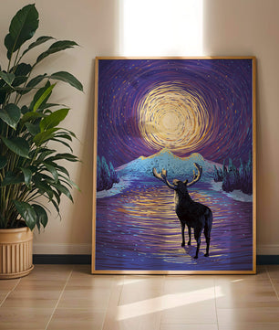 Moose Under Starry Night Sky with Radiant Moon