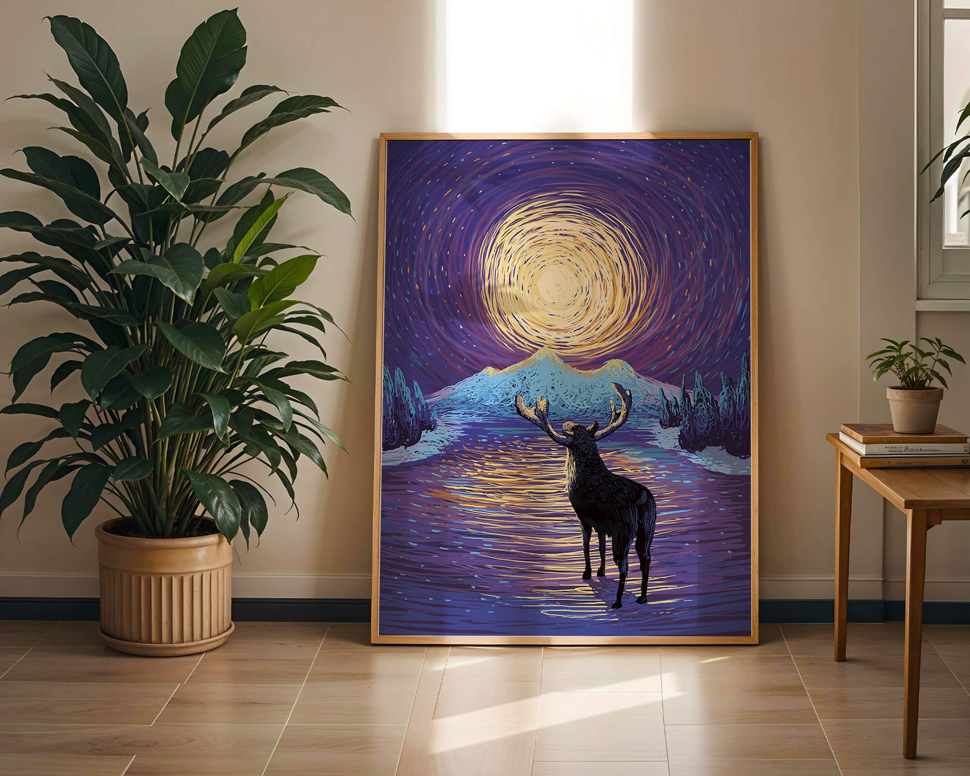 Moose Under Starry Night Sky with Radiant Moon