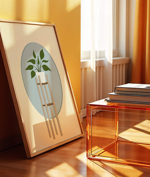 Illustration botanique moderne d'une plante en pot sur un support en bois