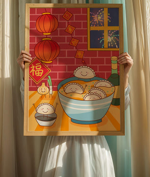 Festive Dumpling Illustration with Lanterns and Fireworks - Mi tienda