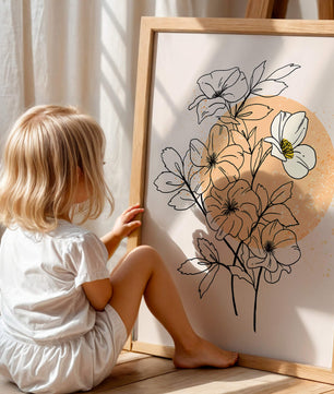 Ilustración floral minimalista con tonos pastel y fondos abstractos