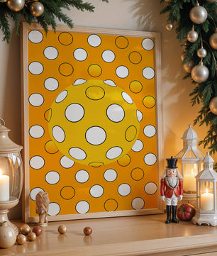 Colorful geometric pattern with white polka dots on orange background