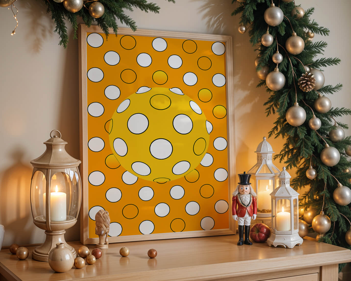 Colorful geometric pattern with white polka dots on orange background