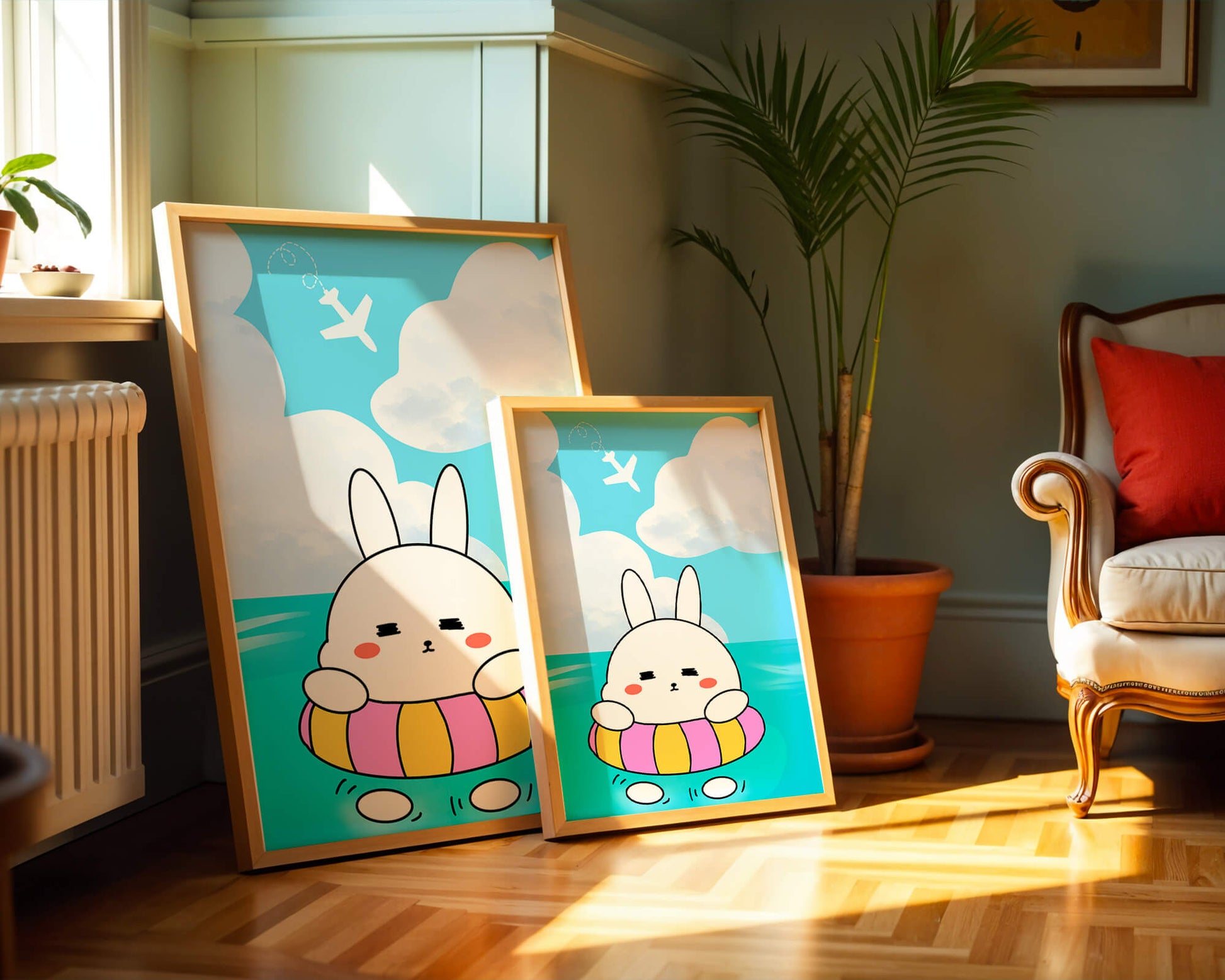 Illustration of a cute bunny floating on a colorful inflatable in a blue ocean under a bright sky with an airplane