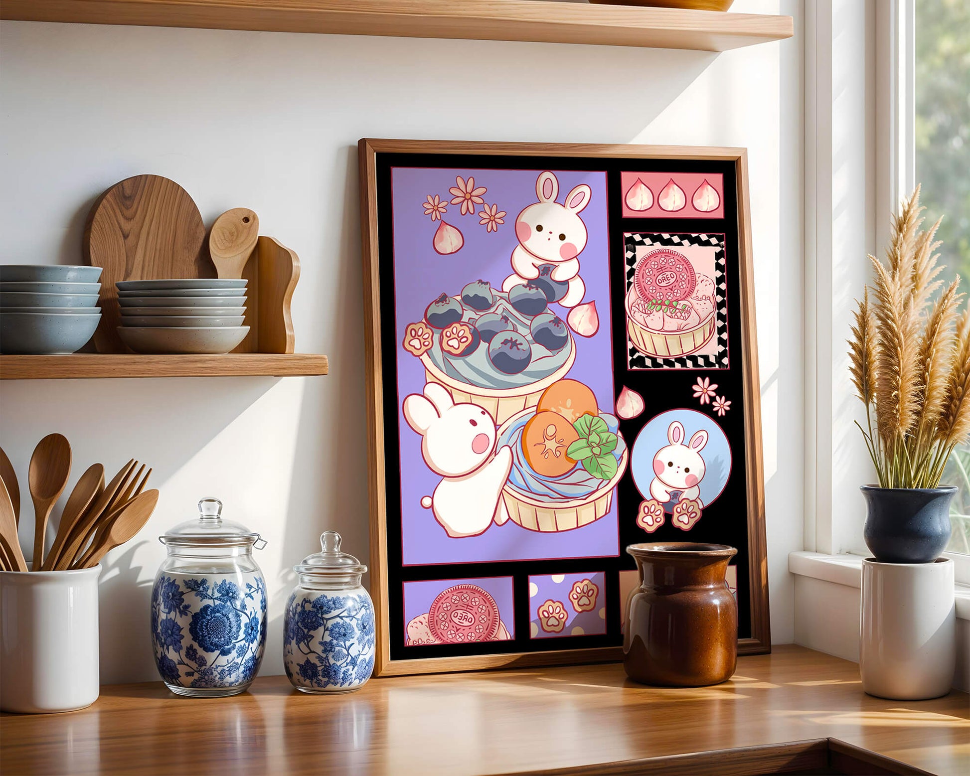 Conejos de dibujos animados encantadores con postres y arándanos