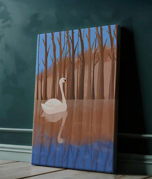 Serene swan on calm water with reflections of trees