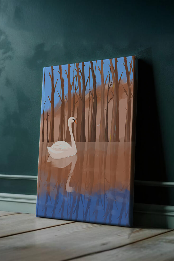 Serene swan on calm water with reflections of trees