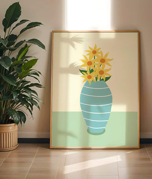 Yellow Sunflowers in a Blue Striped Vase on a Minimalist Background - Mi tienda