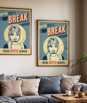Retro Coffee Break Poster with Woman Holding a Cup - Mi tienda