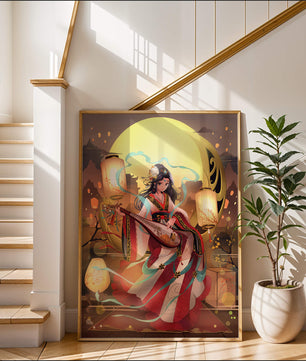 Traditional Asian woman playing musical instrument under moonlight