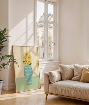 Yellow Sunflowers in a Blue Striped Vase on a Minimalist Background - Mi tienda
