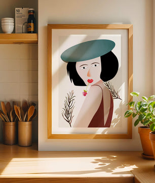 Mujer con sombrero azul y flor en estilo arte moderno