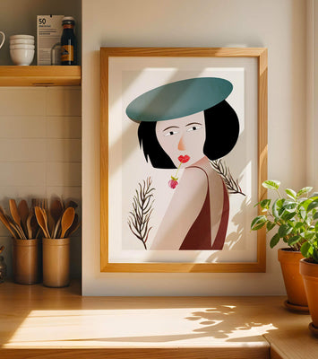 Woman with Blue Hat and Flower in Modern Art Style
