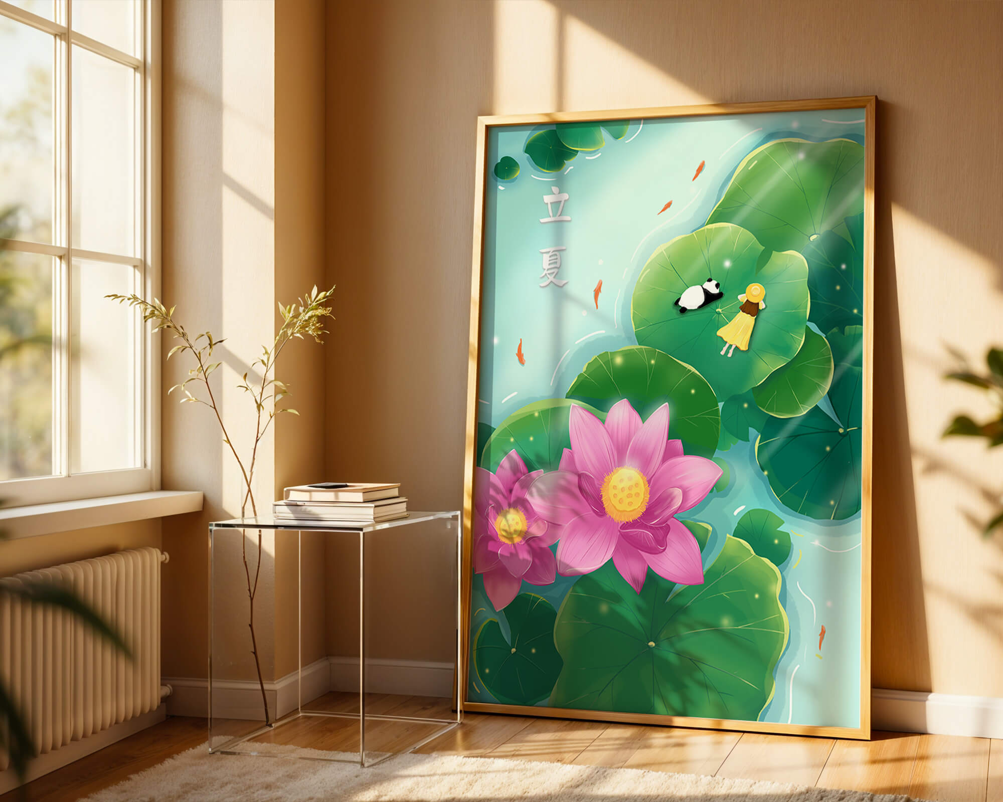 Girl and Panda Relaxing on Lily Pads with Pink Lotus and Goldfish