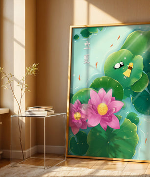 Girl and Panda Relaxing on Lily Pads with Pink Lotus and Goldfish