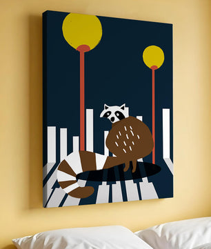 Raccoon Illustration with Urban Street Lamps and Geometric Design