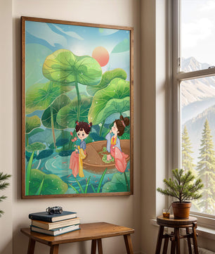 Charming illustration of children on a boat in a lush lotus pond