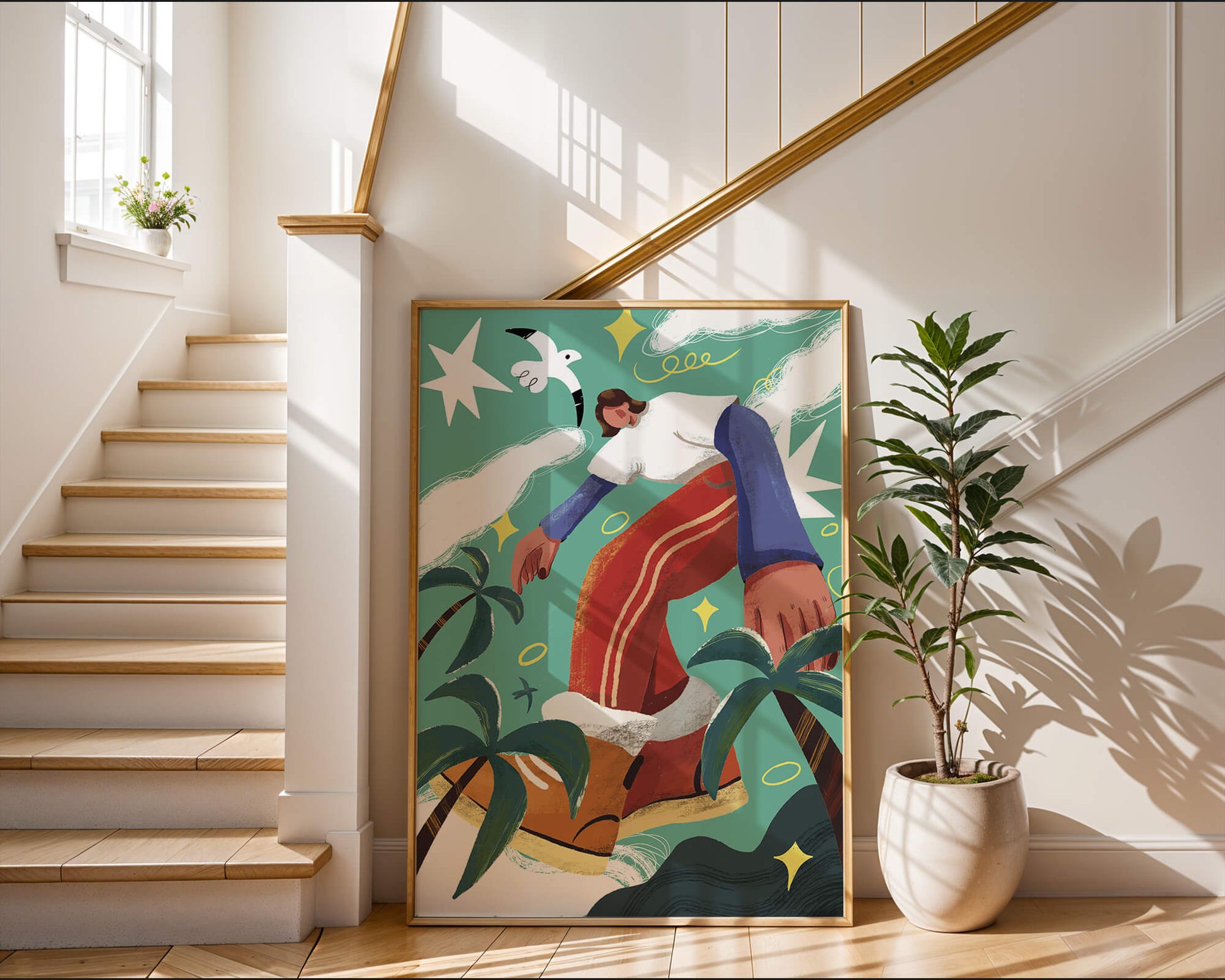 Colorful Abstract Surreal Landscape with Giant Figure and Nature Elements