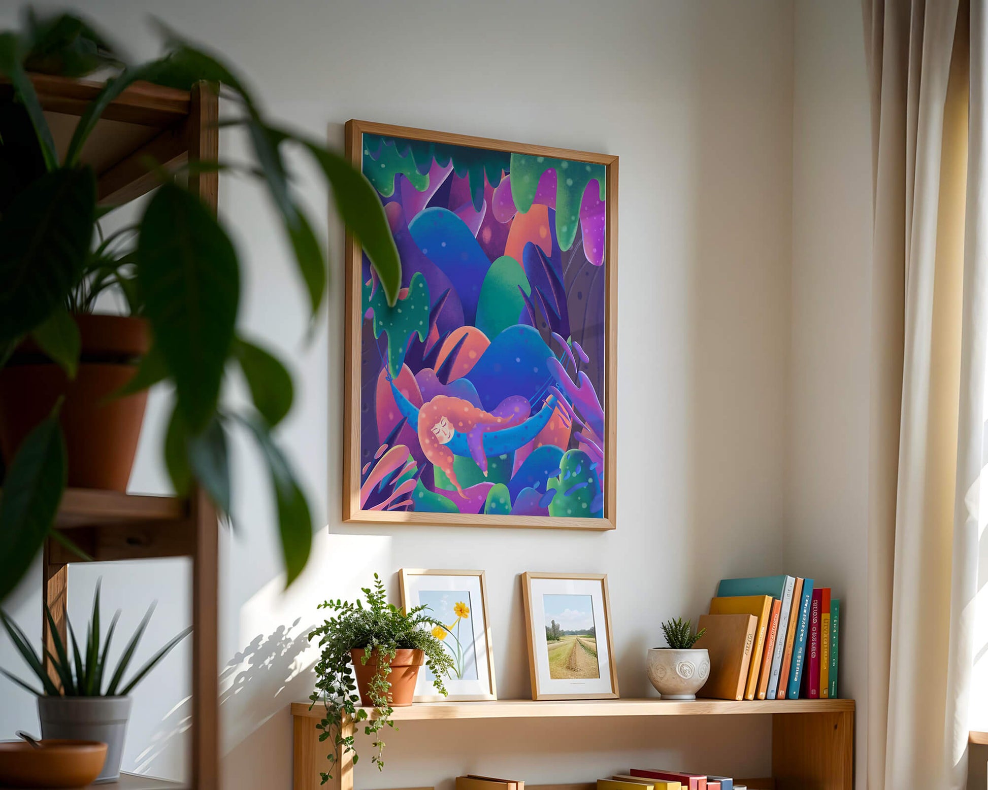 Selva surrealista onírica con mujer dormida