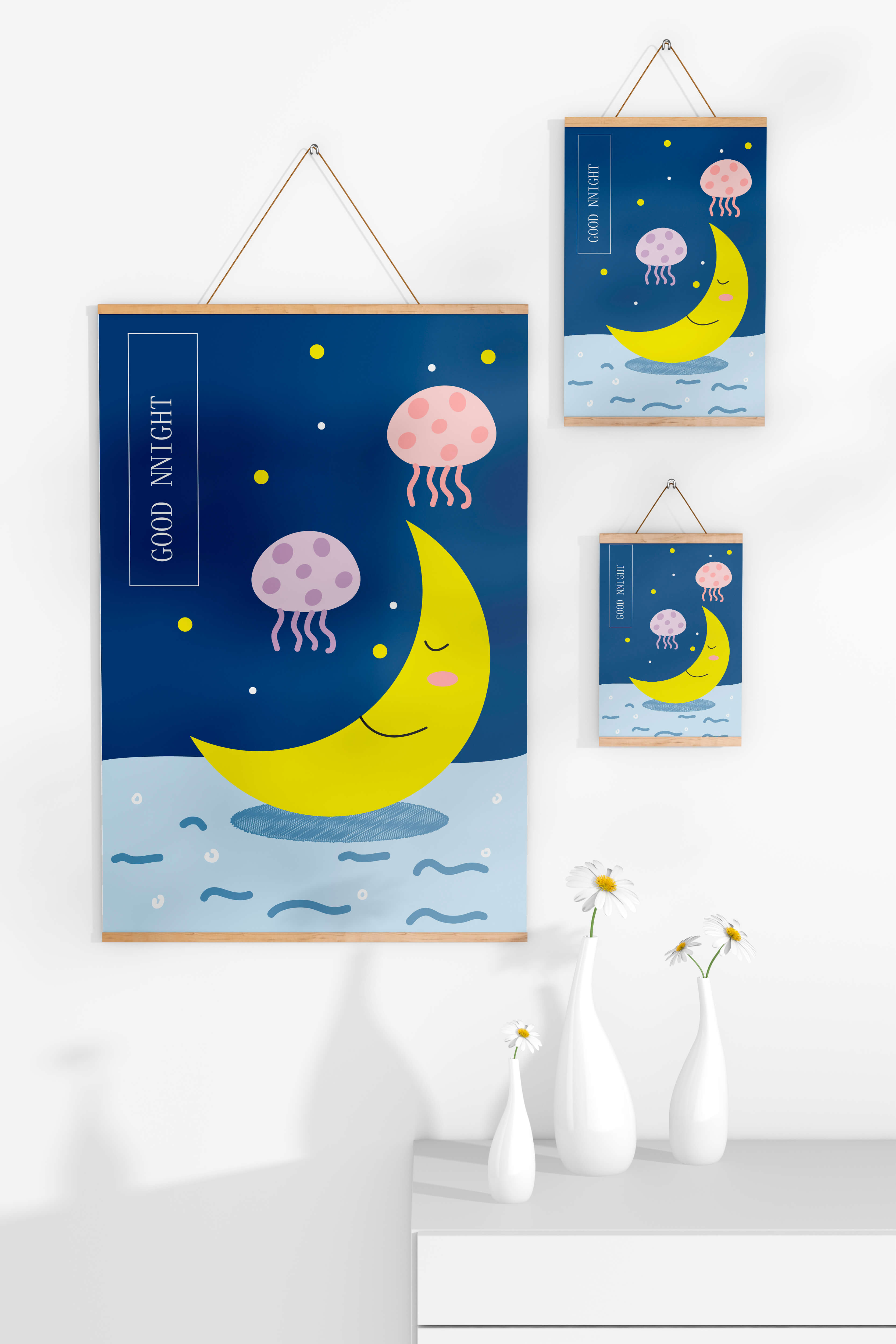 Whimsical night scene with a smiling moon and playful jellyfish