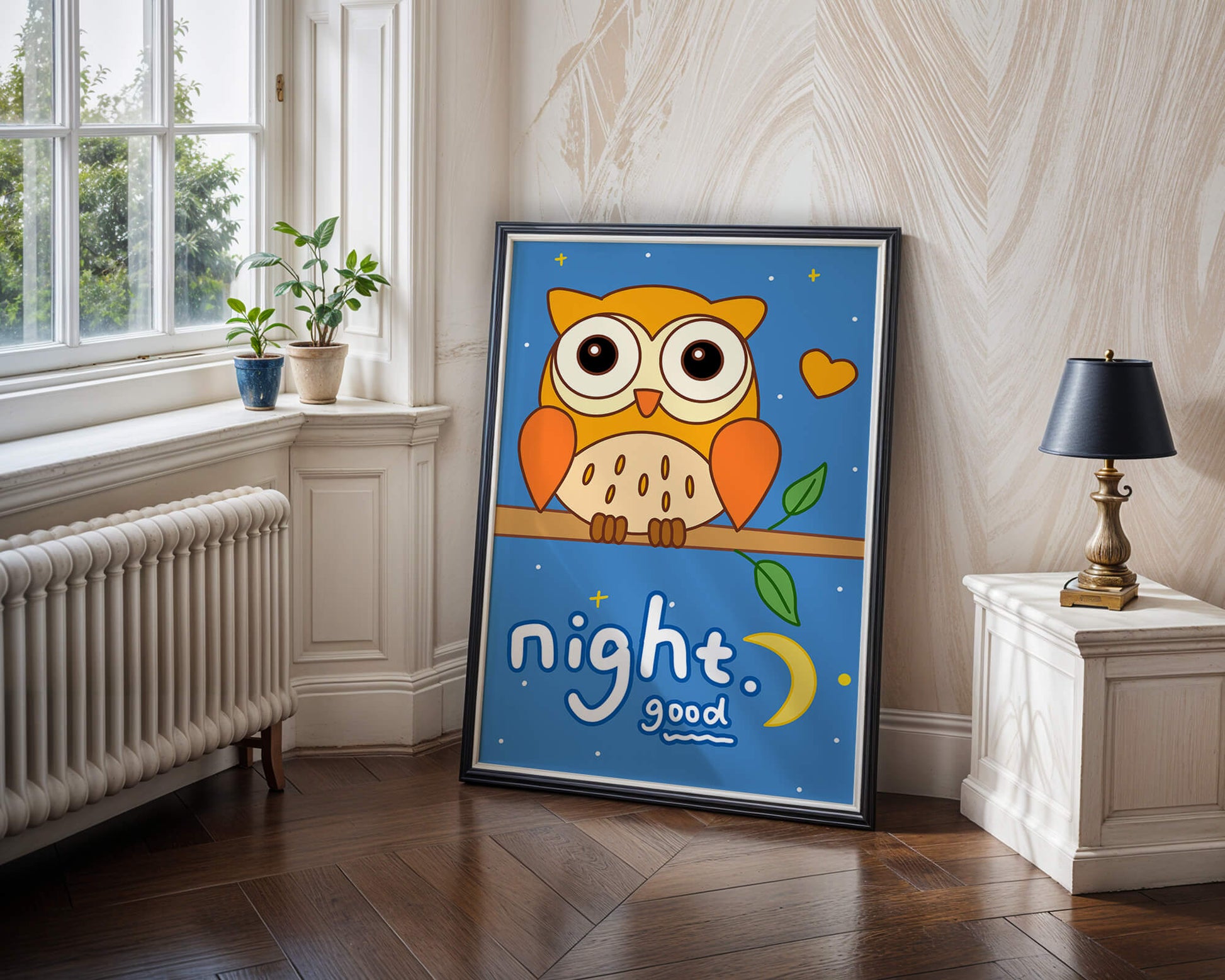 Colorful owl illustration with night theme and positive message