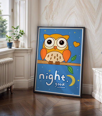 Colorful owl illustration with night theme and positive message