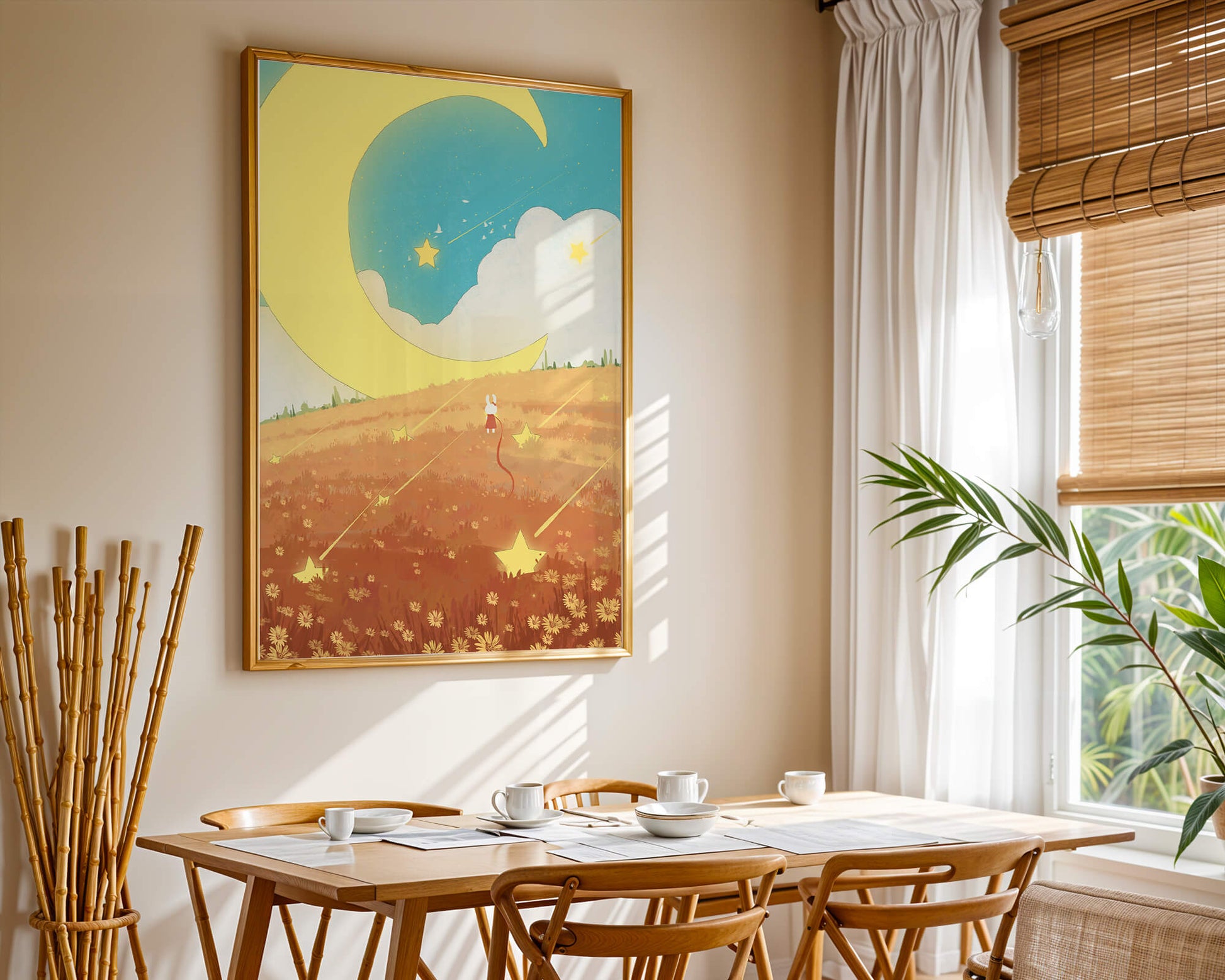 Dreamy Nighttime Landscape with Moon and Stars in a Field