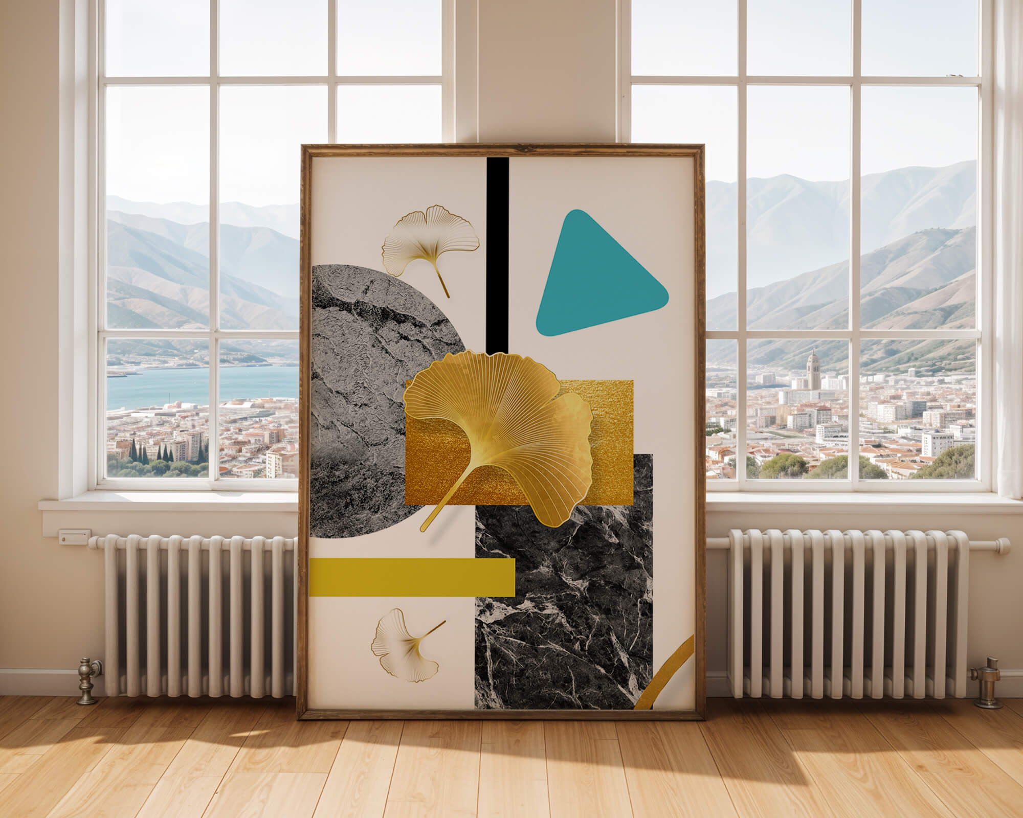 Geometric Abstract Composition with Gold Ginkgo Leaves