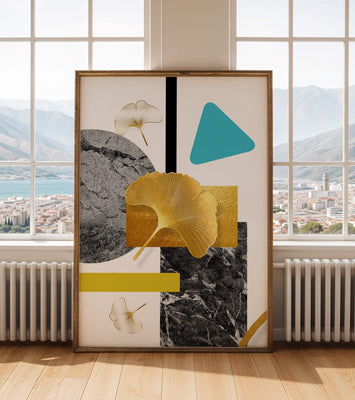 Geometric Abstract Composition with Gold Ginkgo Leaves