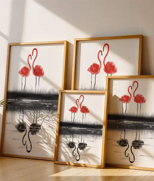 Flamencos elegantes reflejándose en el agua con un contraste artístico