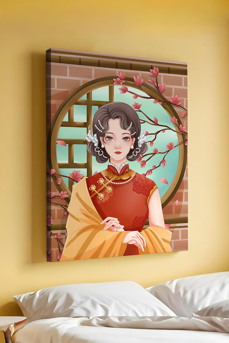 Elegant woman in traditional dress with floral background
