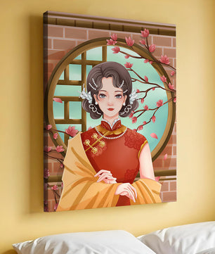 Elegant woman in traditional dress with floral background