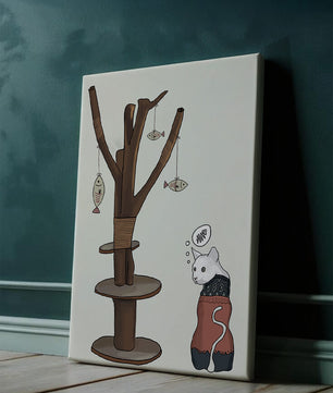 Illustration of a cat tree with a thoughtful cat in a sweater