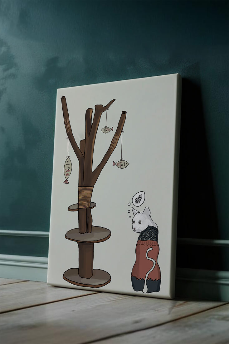 Illustration of a cat tree with a thoughtful cat in a sweater