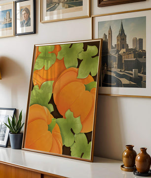 Colorful Pumpkin Pattern With Green Leaves