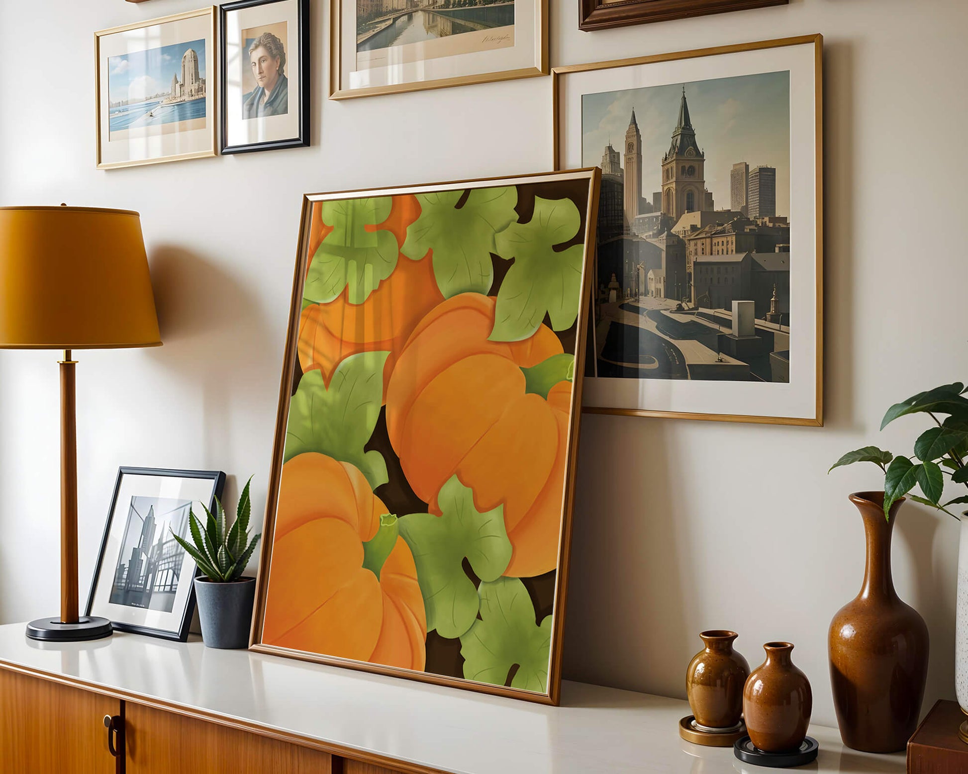 Colorful Pumpkin Pattern With Green Leaves