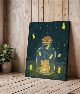 Charming teddy bear in a jar with glowing fireflies