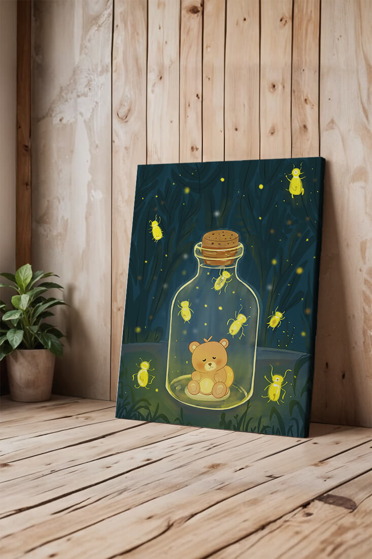 Charming teddy bear in a jar with glowing fireflies
