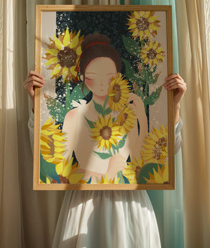 Young woman surrounded by vibrant sunflowers in a serene setting
