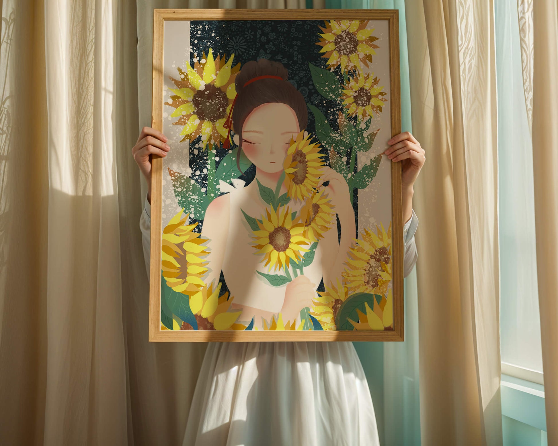 Young woman surrounded by vibrant sunflowers in a serene setting