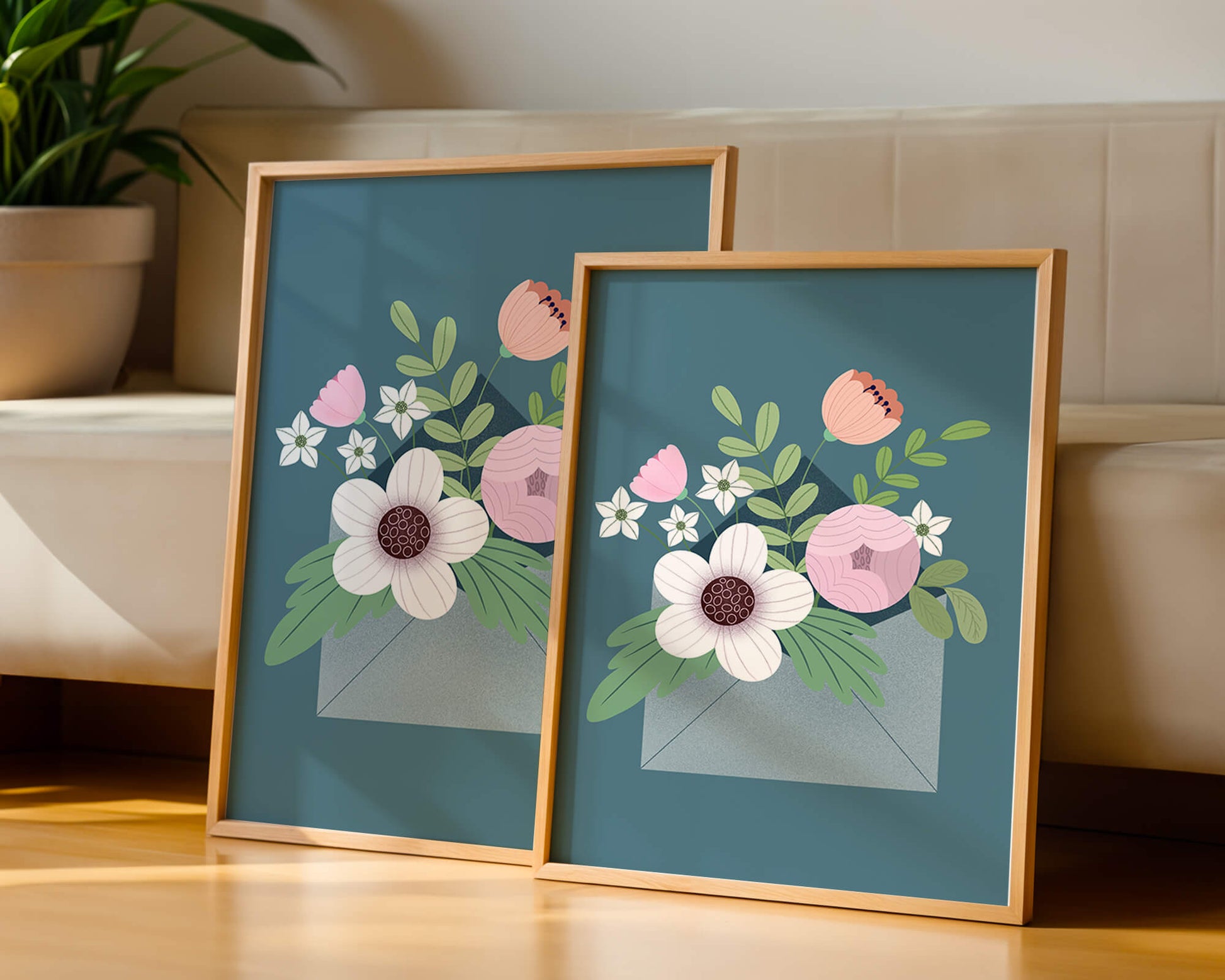 Floral bouquet in envelope with elegant botanical design