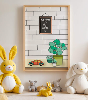 Chalkboard welcome sign with potted plants and a toy car