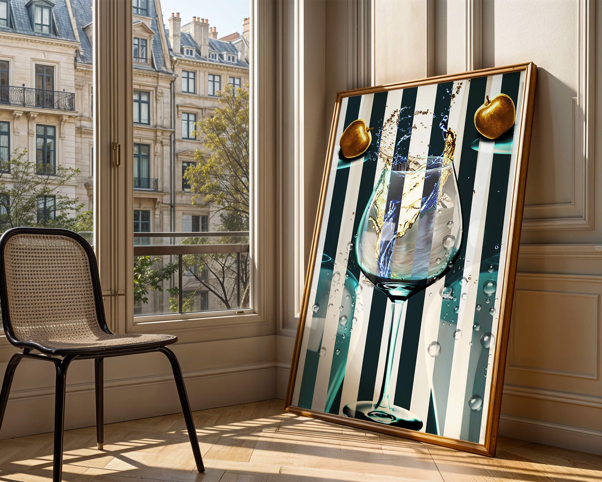 Elegant Glass of Champagne with Golden Apples and Striped Background