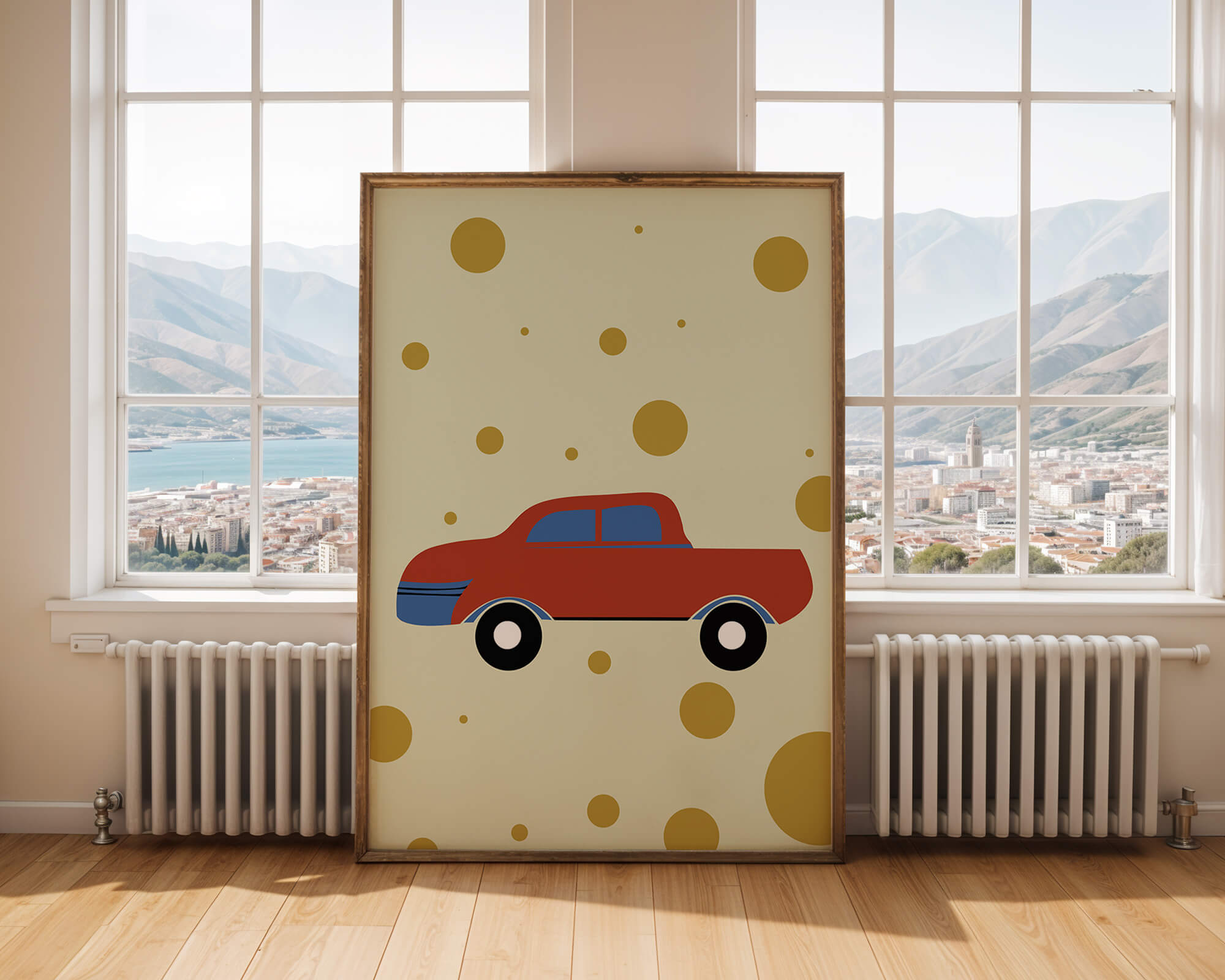 Abstract illustration of a red car with golden circles on a beige background