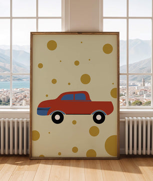 Ilustración abstracta de un coche rojo con círculos dorados sobre un fondo beige