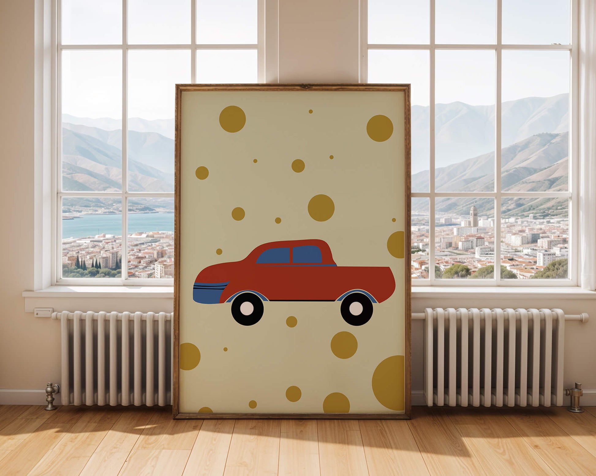 Abstract illustration of a red car with golden circles on a beige background