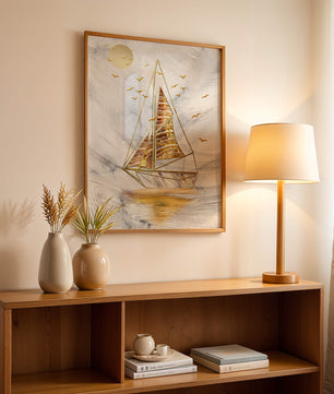 Elegant sailboat with gold elements against a textured sky