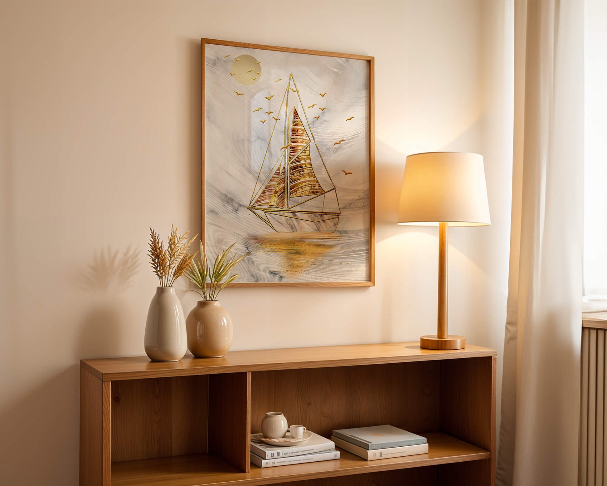 Elegant sailboat with gold elements against a textured sky