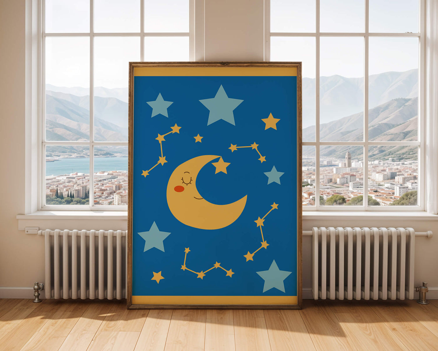 Whimsical children's room decor with smiling moon and stars