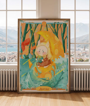 Aquarius zodiac illustration with whimsical character and vibrant colors